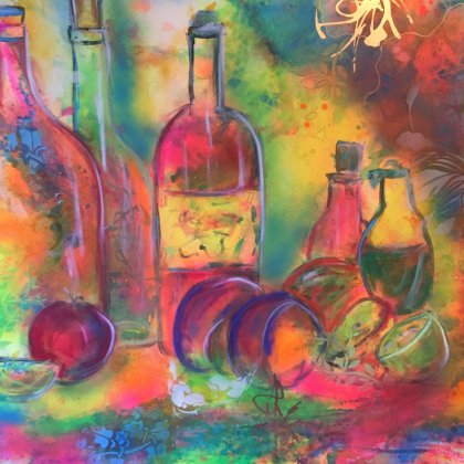 Flaschen mit Olivenöl (Serie Stillleben) von Gisela Grünling